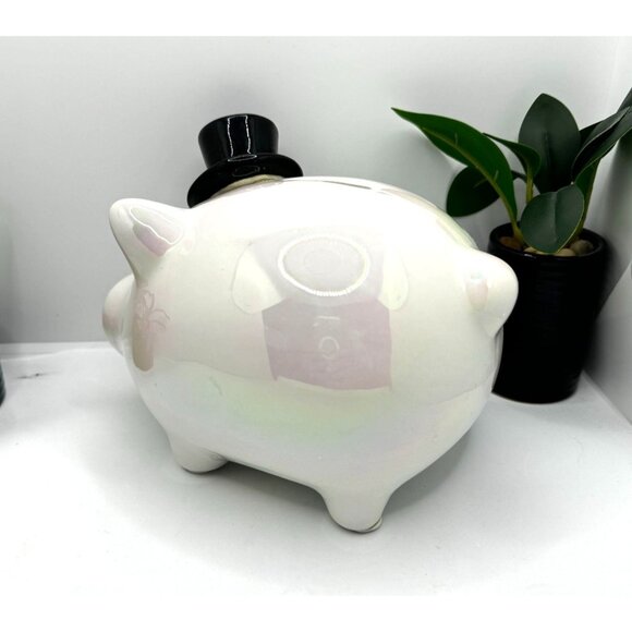 Ceramic Piggy Bank With Black Top Hat Iridescent Finish Coin Slot & Removable St - Picture 3 of 6